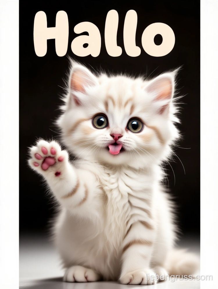 Flauschiges Kätzchen hebt Pfote zum Gruß, „Hallo“ im Hintergrund