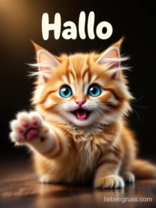 Flauschiges orangefarbenes Kätzchen winkt mit Vorderpfote. „Hallo“ steht über ihm.