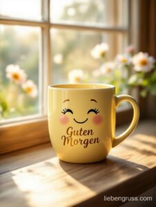 Gelber Becher mit Gesicht und „Guten Morgen“ vor Fenster.