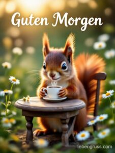 Rotes Eichhörnchen sitzt auf Holzstuhl mit Kaffeetasse. „Guten Morgen“ oben.