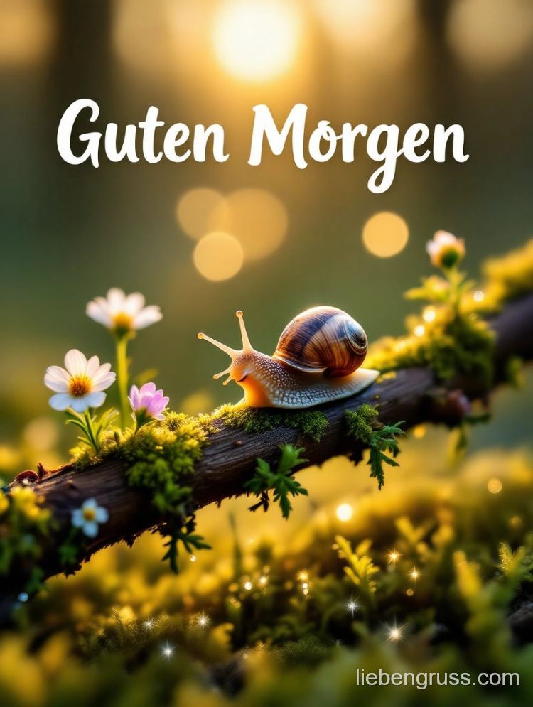 Schnecke auf moosigem Ast mit warmem Sonnenlicht im Hintergrund.