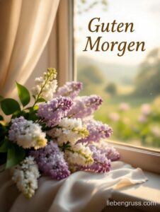 Hortensienblüten auf Fensterbank, sonniger Grünblick dahinter