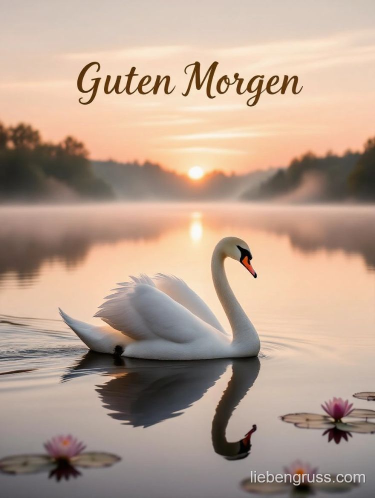 Weißer Schwan schwimmt auf ruhigem See bei Sonnenaufgang mit nebligem Horizont.
