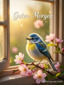 Blau-gelber Vogel auf Zweig mit rosa Blüten vor Fenster, „Guten Morgen“ darüber.