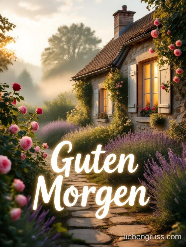 Steinhaus mit blühenden Rosen und Lavendel, gepflasterter Weg, Guten Morgen-Schild