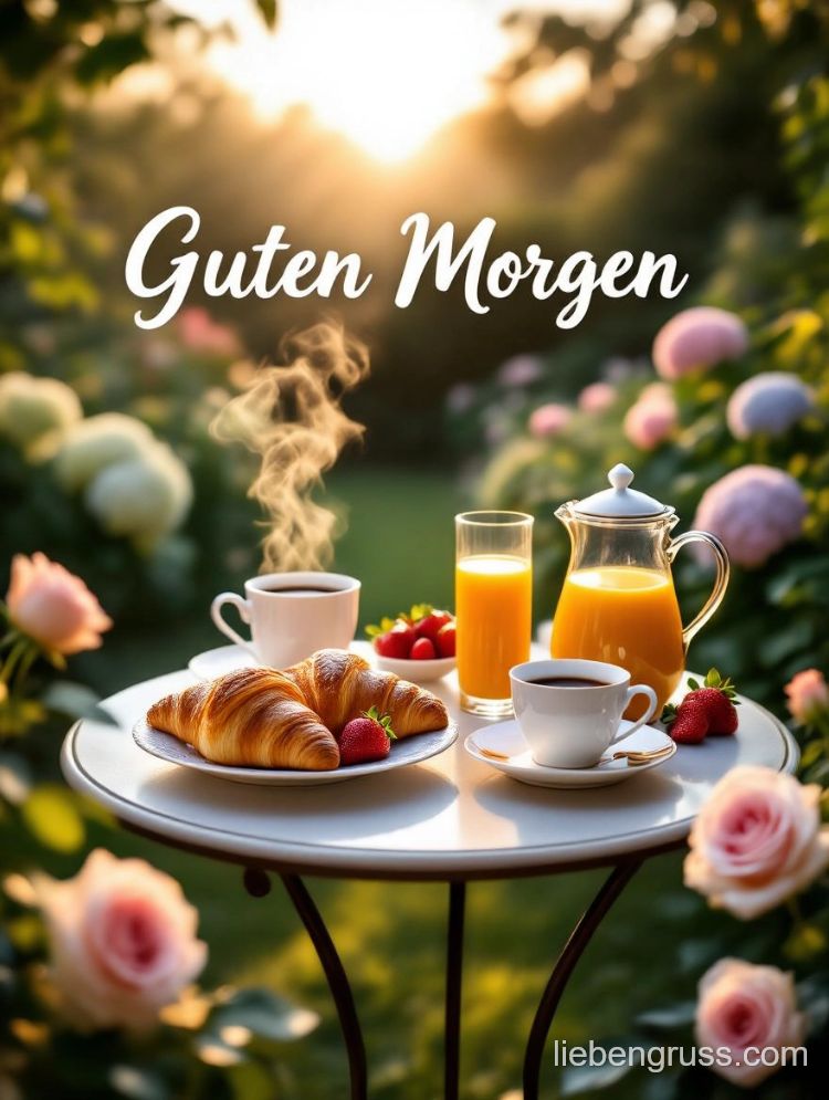 Tisch mit Kaffee, Croissants und Früchten im Morgensonnenschein.