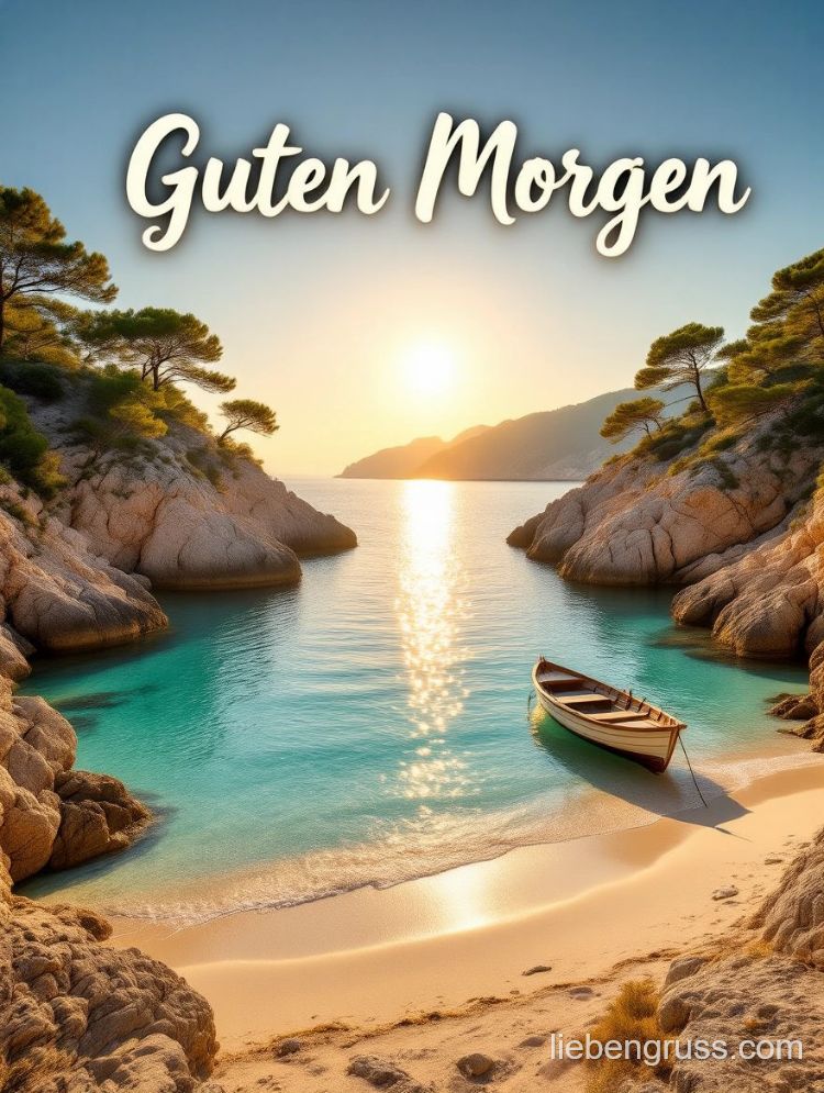 Kleines Boot auf sandigem Strand, idyllische Bucht mit Felsen und Bäumen, Sonne am Horizont.