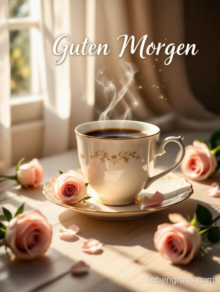 Dampfende Kaffeetasse umgeben von rosa Rosenblüten. Guten Morgen.