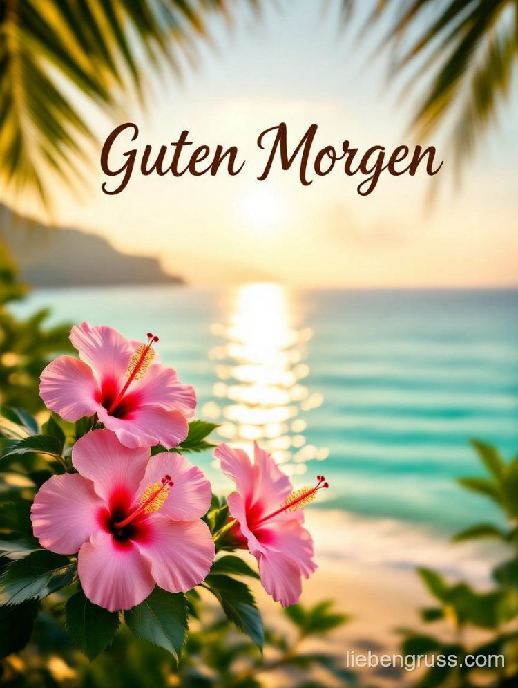 Drei rosa Hibiskusblüten vor sonnigem Strand, mit „Guten Morgen“-Schriftzug.