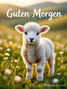 Kleines weißes Lamm auf grüner Wiese mit Blumen. Blickt direkt in die Kamera.