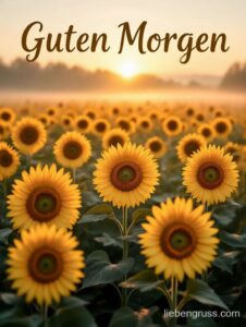 Sonnenblumenfeld bei warmem Morgensonnenaufgang, „Guten Morgen“-Text oben