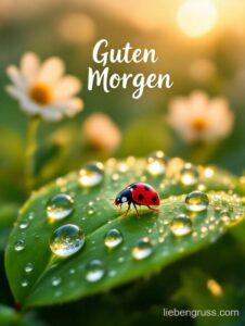 Roter Marienkäfer auf grünem Blatt mit Tautropfen und Morgensonne.