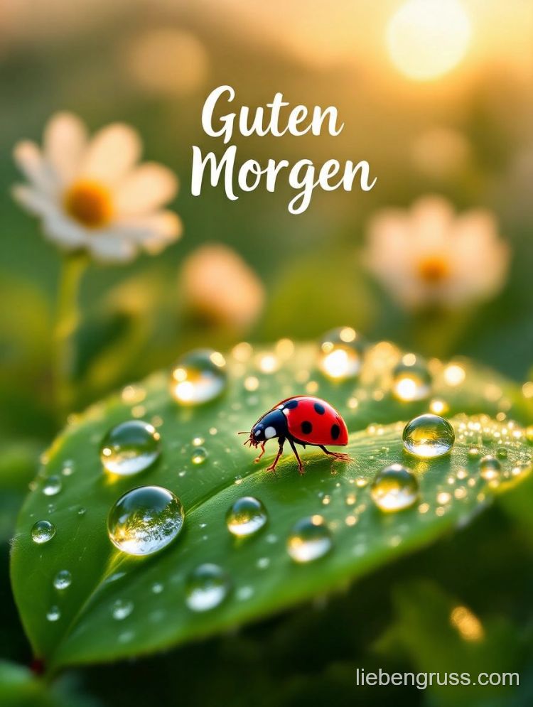 Roter Marienkäfer auf grünem Blatt mit Tautropfen und Morgensonne.