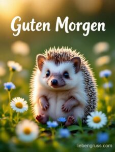 Kleiner Igel sitzt im Gras auf einer Blumenwiese. Oben steht „Guten Morgen“.
