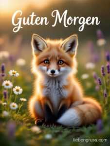 Kleiner Fuchs blickt in Kamera, Guten Morgen-Schrift über ihm