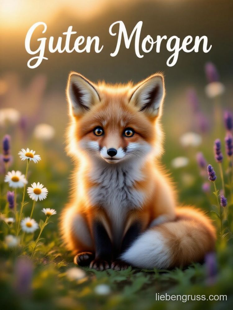 Kleiner Fuchs blickt in Kamera, Guten Morgen-Schrift über ihm