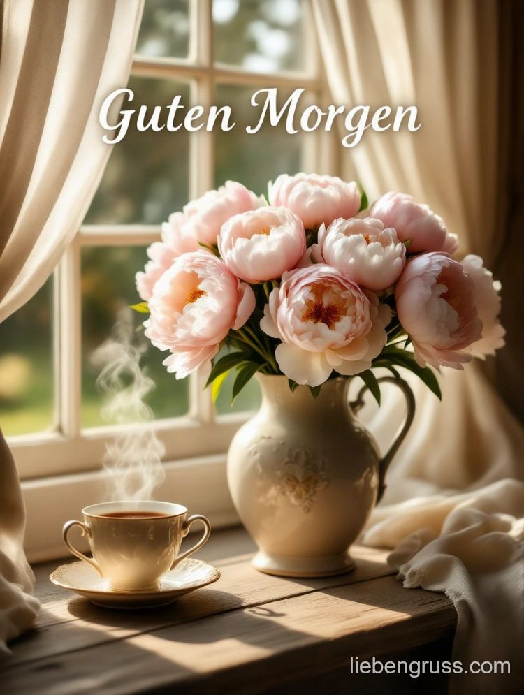 Kaffeetasse und rosa Pfingstrosen auf Fensterbank mit „Guten Morgen“-Text