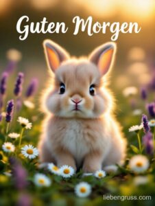 Flauschiges Kaninchen sitzt im Blumenfeld mit Lavendel und Gänseblümchen.