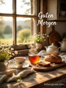 Rustikaler Tisch mit Tee, Brot und Blumen. Morgensonne, frische Früchte, gemütlich.