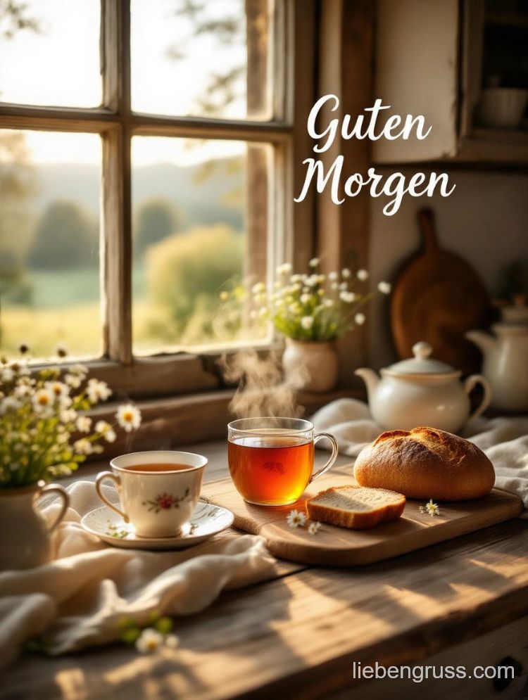 Rustikaler Tisch mit Tee, Brot und Blumen. Morgensonne, frische Früchte, gemütlich.