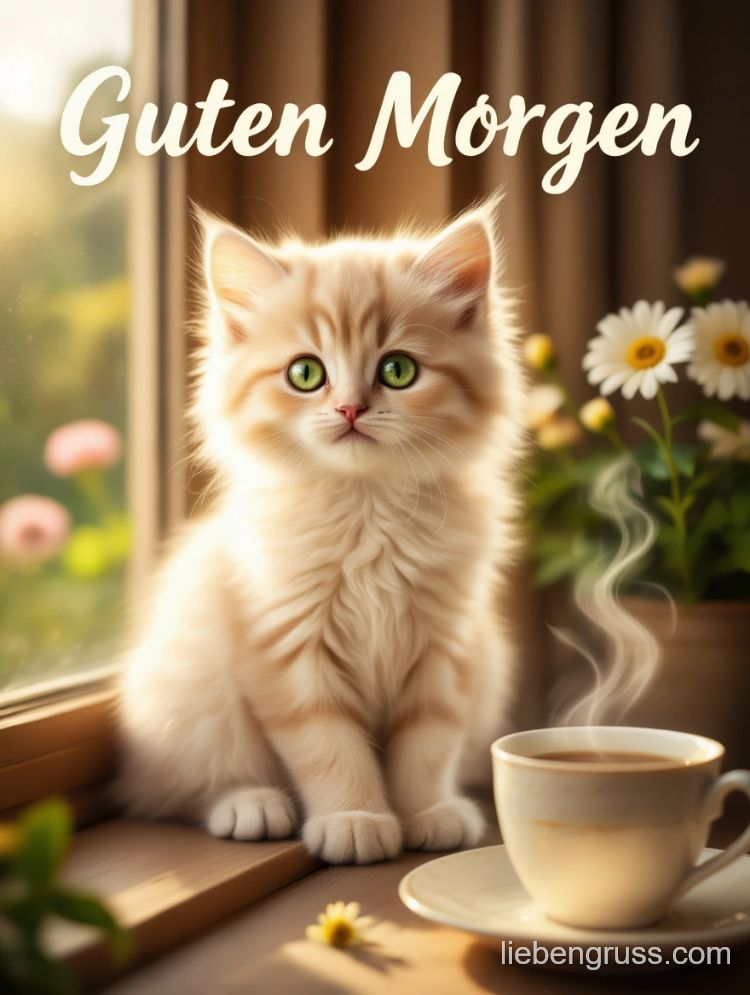 Cremefarbenes Kätzchen schaut in Kamera, daneben dampfende Tasse, Blumen im Hintergrund