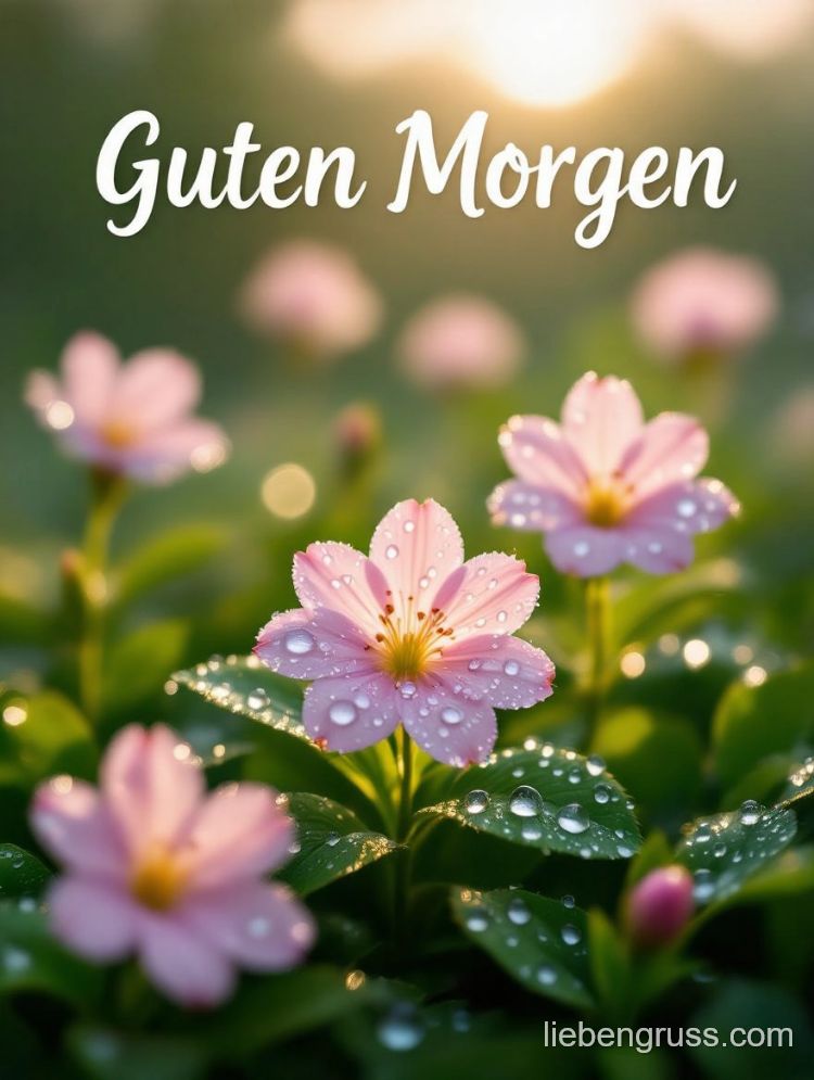 Rosa Blüten mit Tautropfen im sanften Morgensonnenschein.