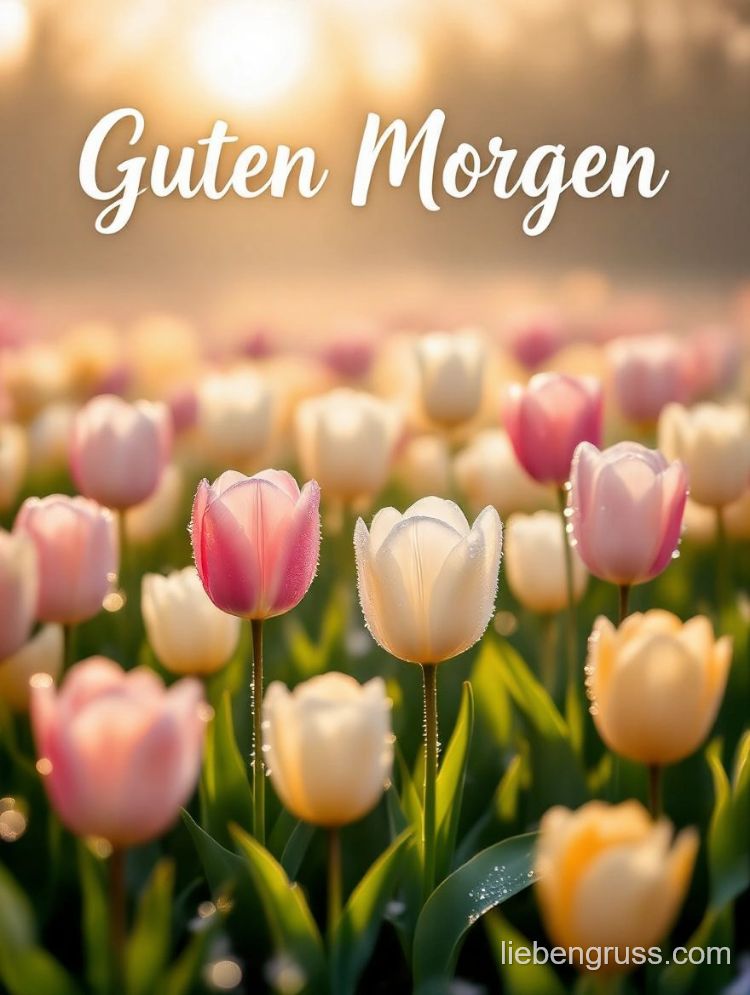 Tulpen im Morgentau, sanftes Licht, Guten Morgen.