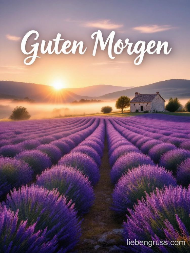 Sonniger Morgen mit Lavendel und „Guten Morgen“-Text