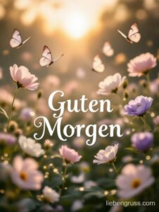 Fliegende Schmetterlinge und Blumen in sanften Farben. Guten Morgen.