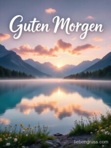 Sonniger Morgen am Bergsee mit Himmelreflexion und „Guten Morgen“-Schrift.