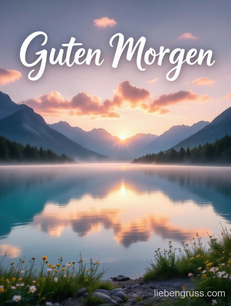 Sonniger Morgen am Bergsee mit Himmelreflexion und „Guten Morgen“-Schrift.