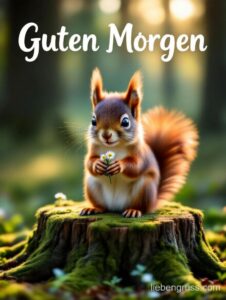 Niedliches Eichhörnchen hält Blume auf moosigem Stumpf. Guten Morgen.