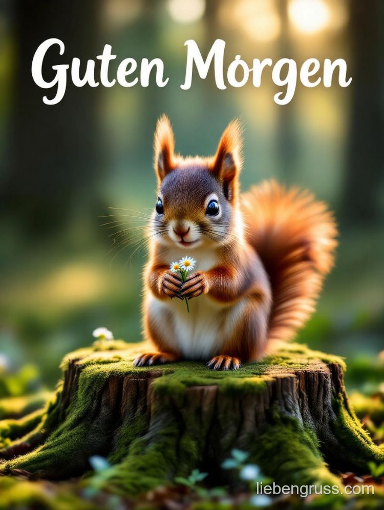 Niedliches Eichhörnchen hält Blume auf moosigem Stumpf. Guten Morgen.