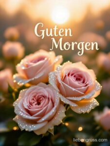 Drei zartrosa Rosen mit Tautropfen, warmes Sonnenlicht, „Guten Morgen“-Gruss