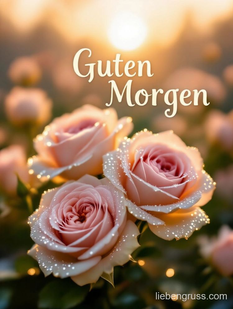Drei zartrosa Rosen mit Tautropfen, warmes Sonnenlicht, „Guten Morgen“-Gruss