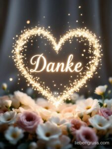 Leuchtendes Herz aus goldenen Funken umschließt „Danke“, umgeben von Rosen und Pastellblüten.