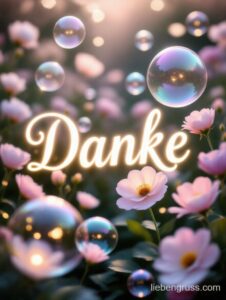 Bunte Seifenblasen schweben vor rosa Blüten; zentrales „Danke“ in verspielter Schrift.