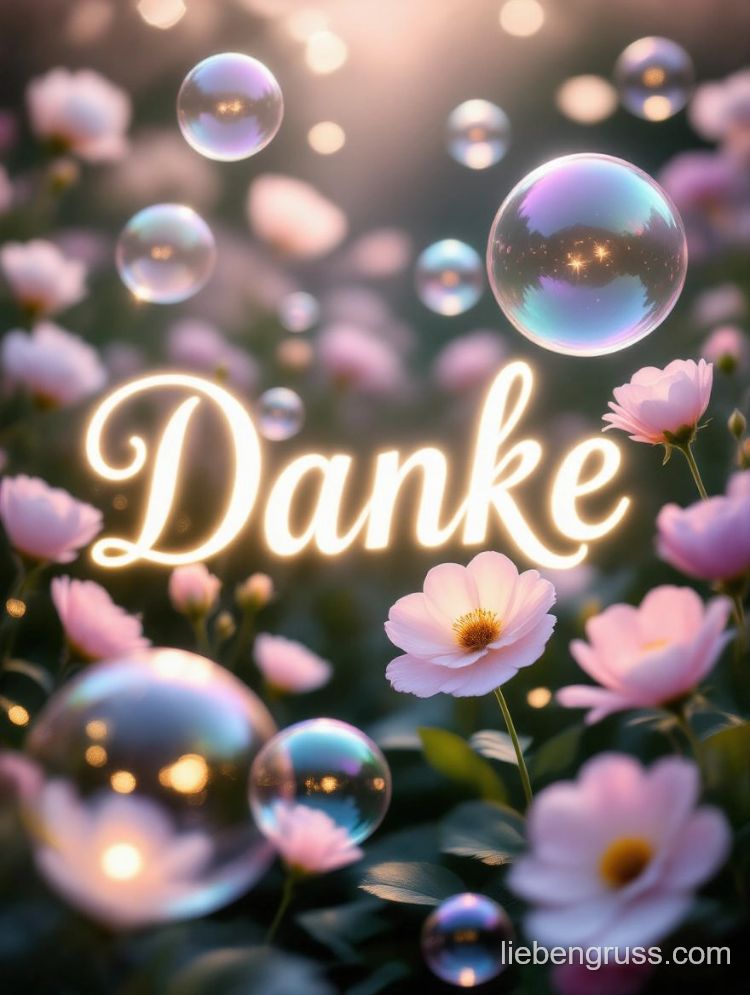 Bunte Seifenblasen schweben vor rosa Blüten; zentrales „Danke“ in verspielter Schrift.