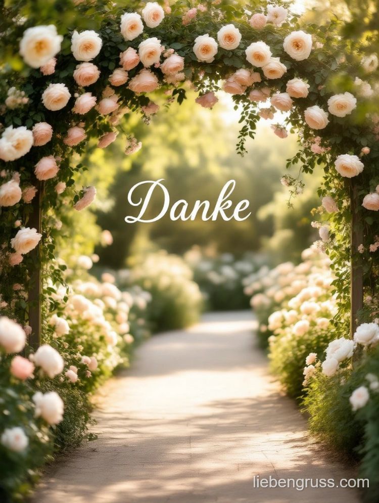 Rosenbogen mit „Danke“ über sonnigen Gartenweg