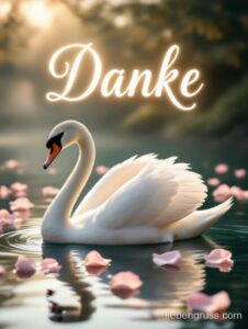 Weißer Schwan schwimmt ruhig unter rosa Blütenblättern. Text „Danke“ oben.