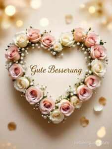 Herz aus Rosen umschließt „Gute Besserung“ auf warmem Hintergrund