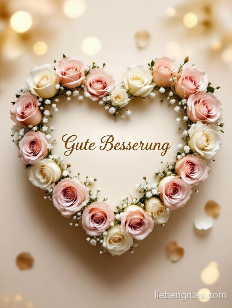 Herz aus Rosen umschließt „Gute Besserung“ auf warmem Hintergrund