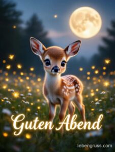 Flauschiges Hirschkitz im nächtlichen Wald mit Mond und Blumen, „Guten Abend“-Text unten