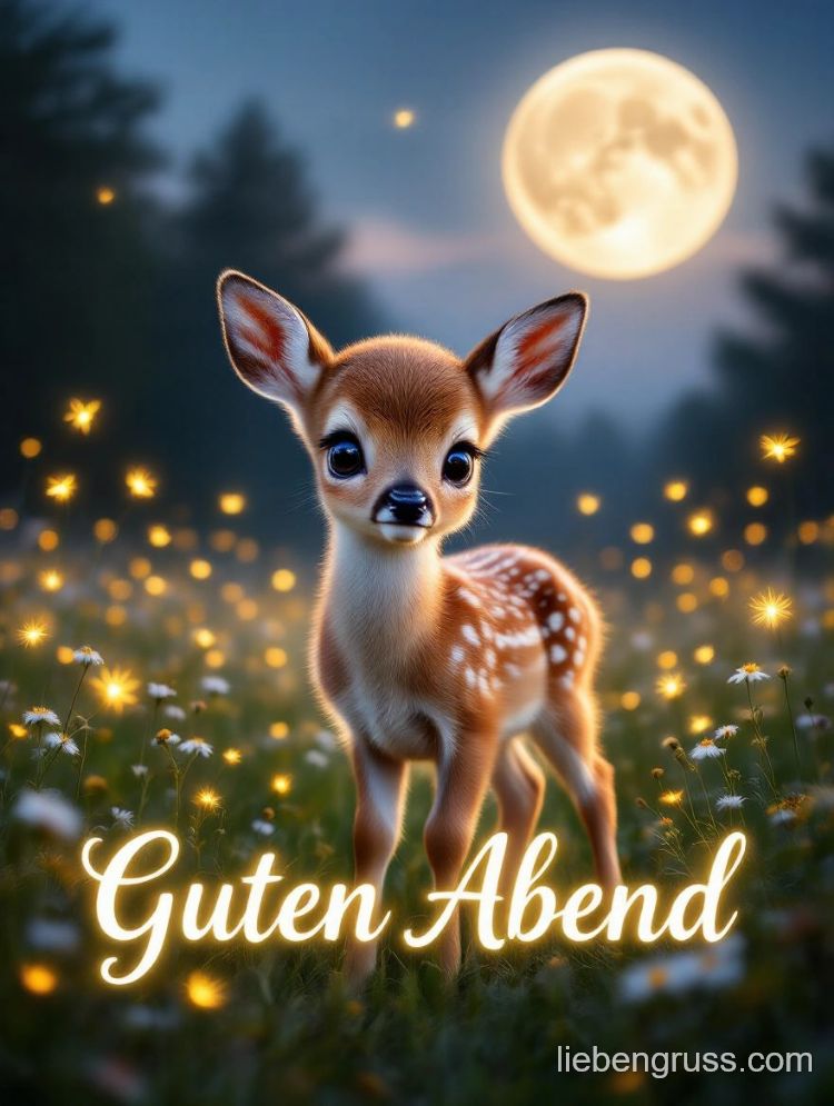 Flauschiges Hirschkitz im nächtlichen Wald mit Mond und Blumen, „Guten Abend“-Text unten