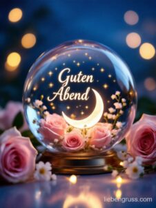 Glaskugel mit Mond, Sternen und Rosen.