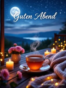 Dampfende Tee-Tasse mit Kerzen und Rosen bei Mondlicht.
