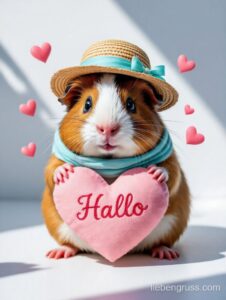 Meerschweinchen trägt Hut und Schal, hält Herz mit „Hallo“, rosa Herzen schweben umher