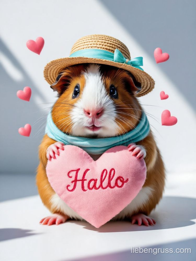 Meerschweinchen trägt Hut und Schal, hält Herz mit „Hallo“, rosa Herzen schweben umher