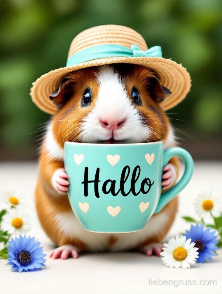 Meerschweinchen trägt Hut und hält Tasse mit „Hallo“