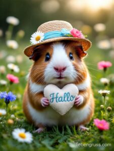 Braun-weißes Meerschweinchen trägt Strohhut und Herz mit „Hallo“ – sitzt unter bunten Blumen.